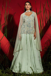 Mint Satin Organza Embroidered Skirt Set